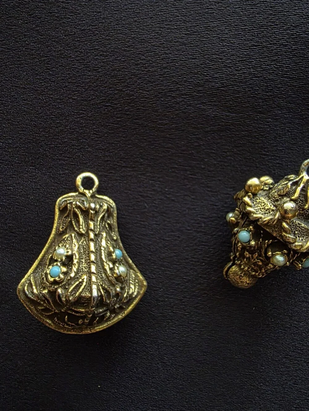 Florenza Gold Tone Bell & Lantern Pendant Charm Set Faux Turquoise Faux Pearl